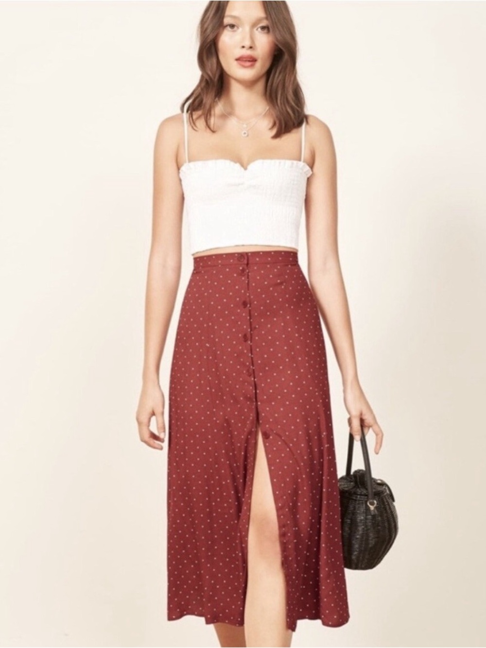 Reformation Hermosa Red Dot Button Down Skirt Size 2